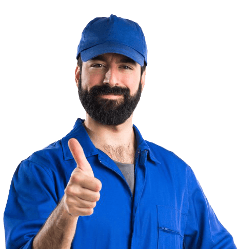 A man wearing a blue work uniform and cap gives a thumbs-up gesture, expressing approval and positivity.